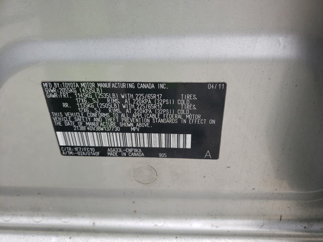 2011 Toyota Rav4 VIN: 2T3BF4DV3BW137730 Lot: 66359694