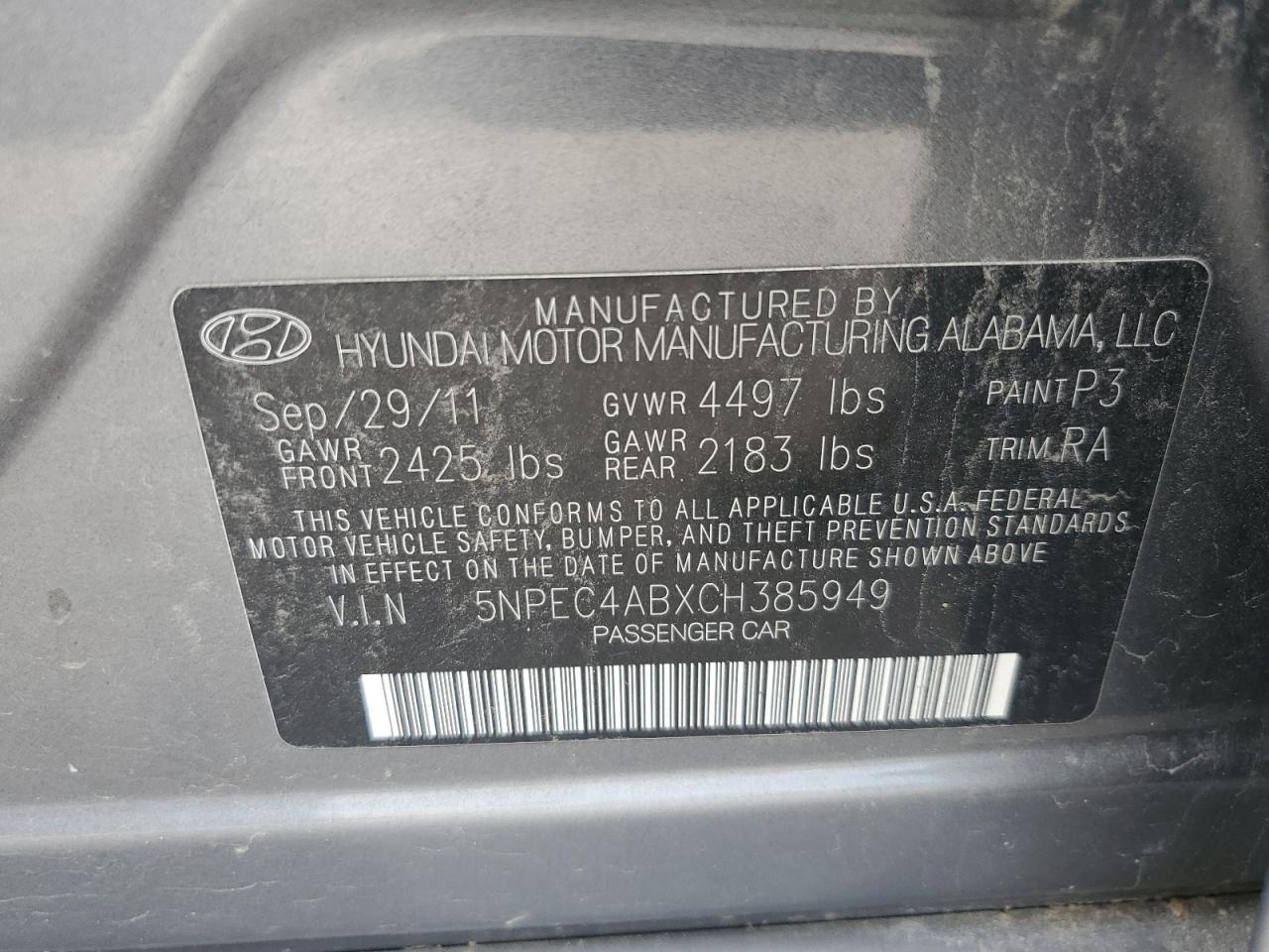 5NPEC4ABXCH385949 2012 Hyundai Sonata Se