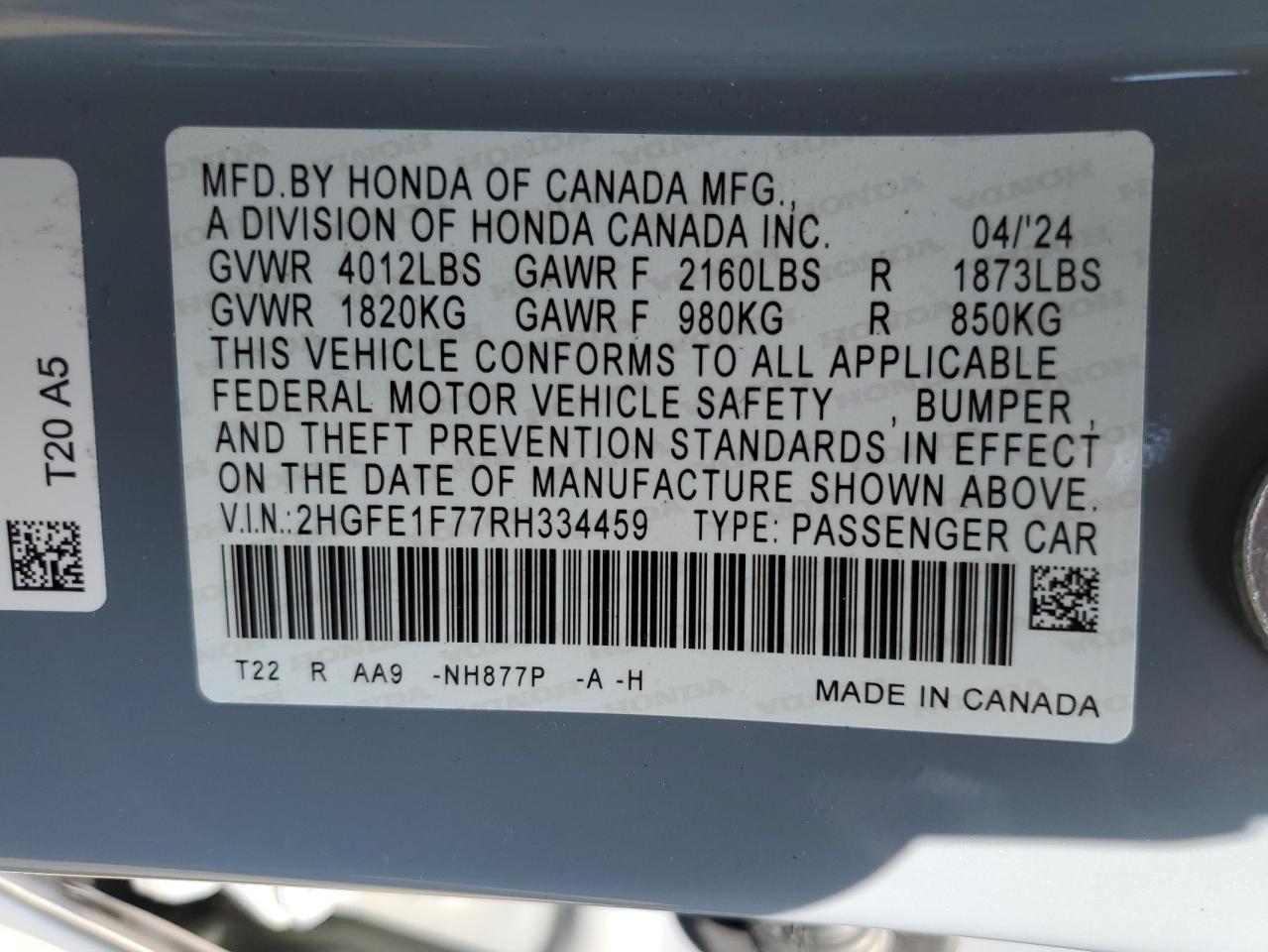 2024 Honda Civic Ex VIN: 2HGFE1F77RH334459 Lot: 68128494