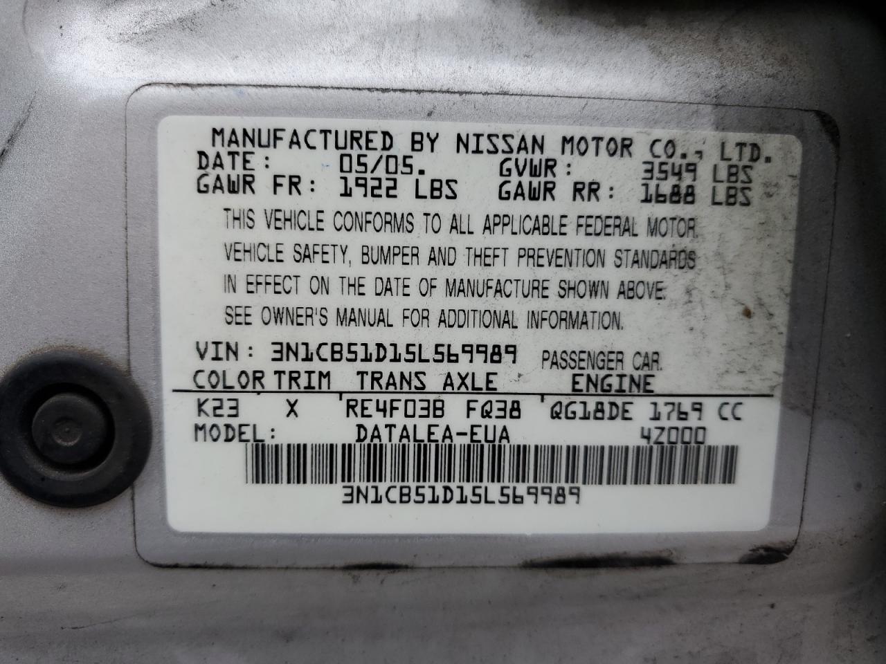 3N1CB51D15L569989 2005 Nissan Sentra 1.8