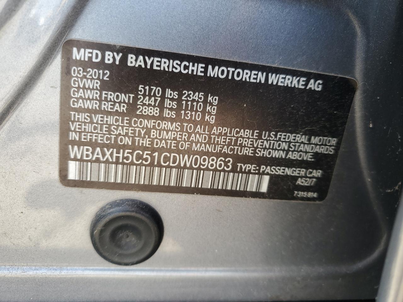 2012 BMW 528 Xi VIN: WBAXH5C51CDW09863 Lot: 68376784