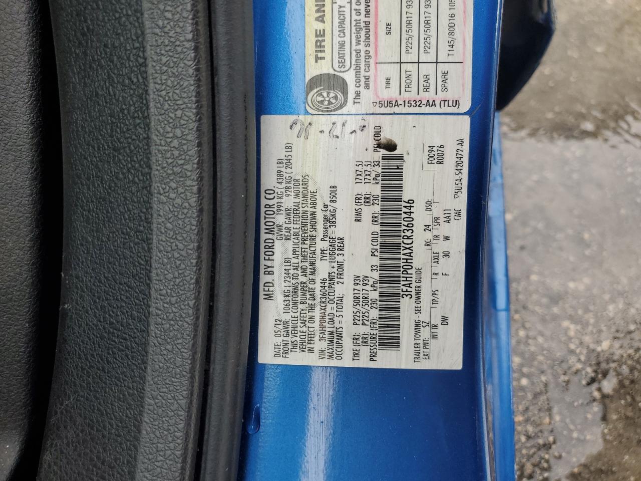 2012 Ford Fusion Se VIN: 3FAHP0HAXCR360446 Lot: 66522604