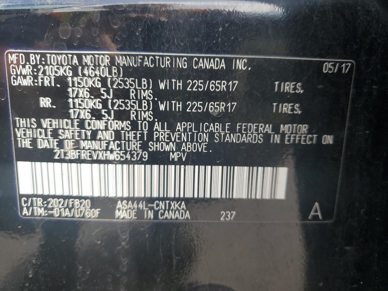 2T3BFREVXHW654379 2017 Toyota Rav4 Le