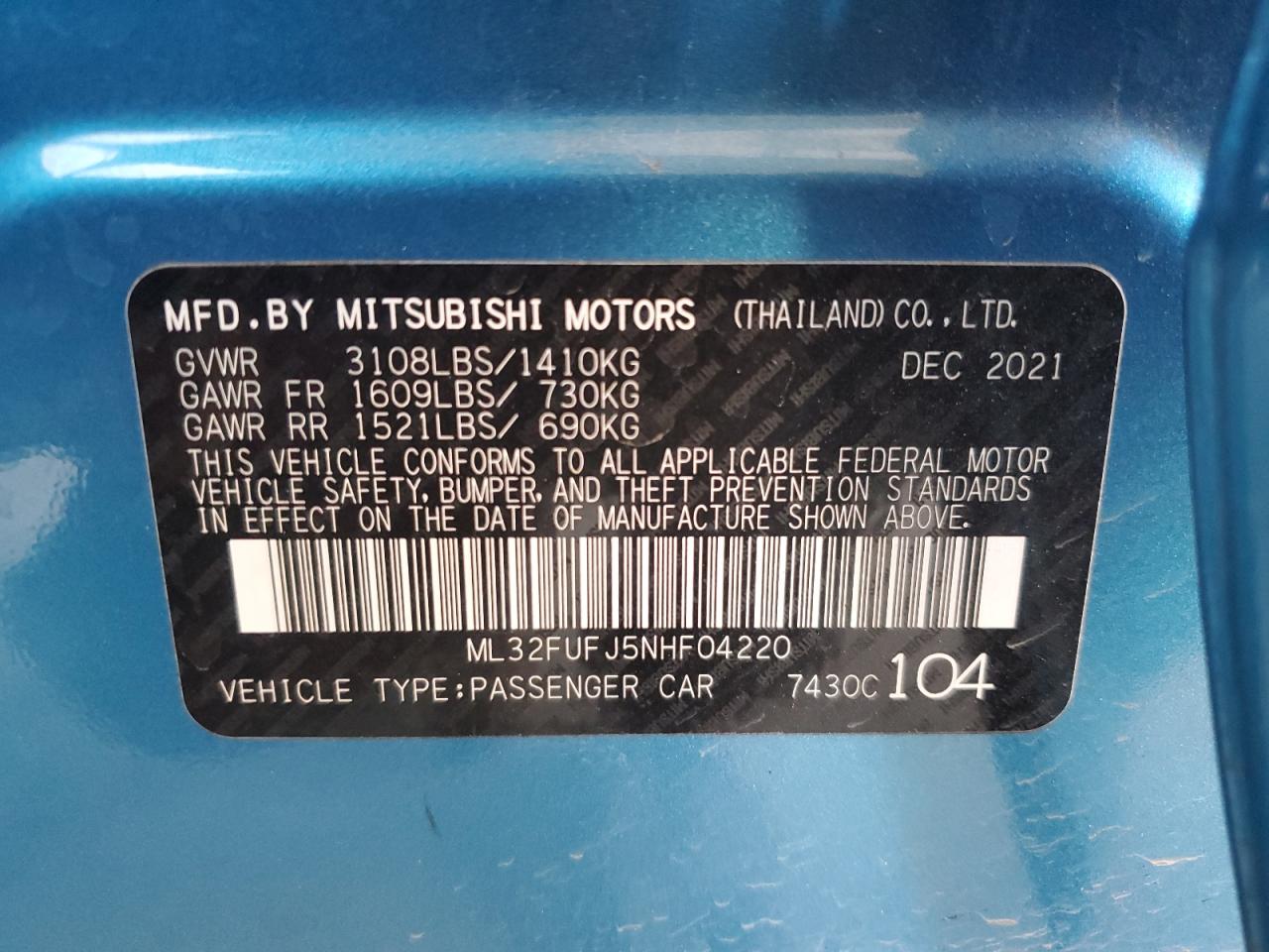 ML32FUFJ5NHF04220 2022 Mitsubishi Mirage G4 Es