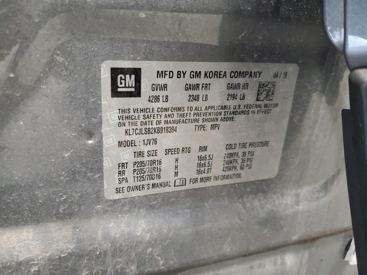 2019 Chevrolet Trax 1Lt VIN: KL7CJLSB2KB918394 Lot: 65808264