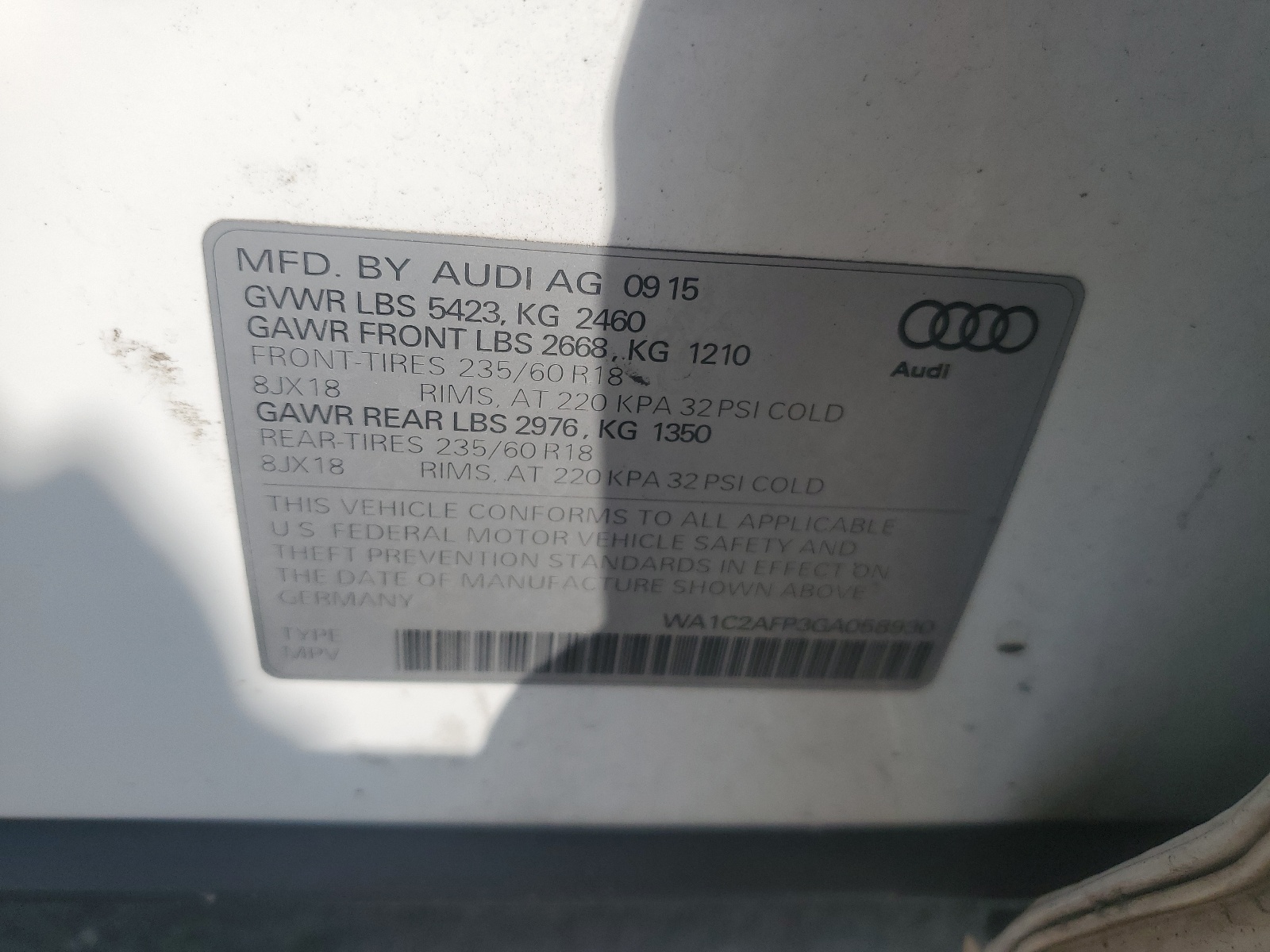 WA1C2AFP3GA058930 2016 Audi Q5 Premium