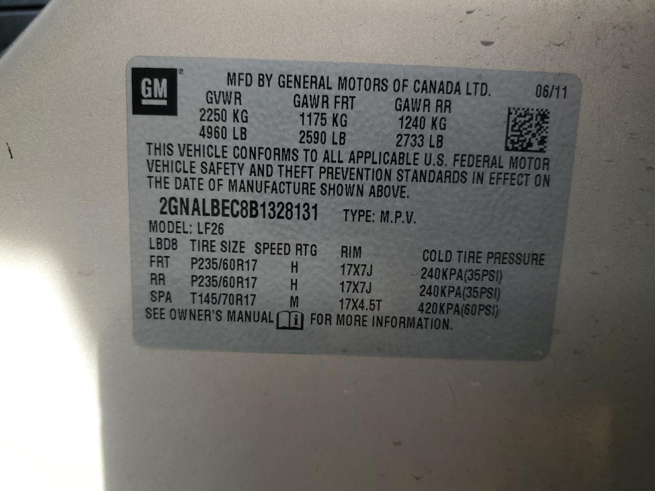 2011 Chevrolet Equinox Ls VIN: 2GNALBEC8B1328131 Lot: 65181484