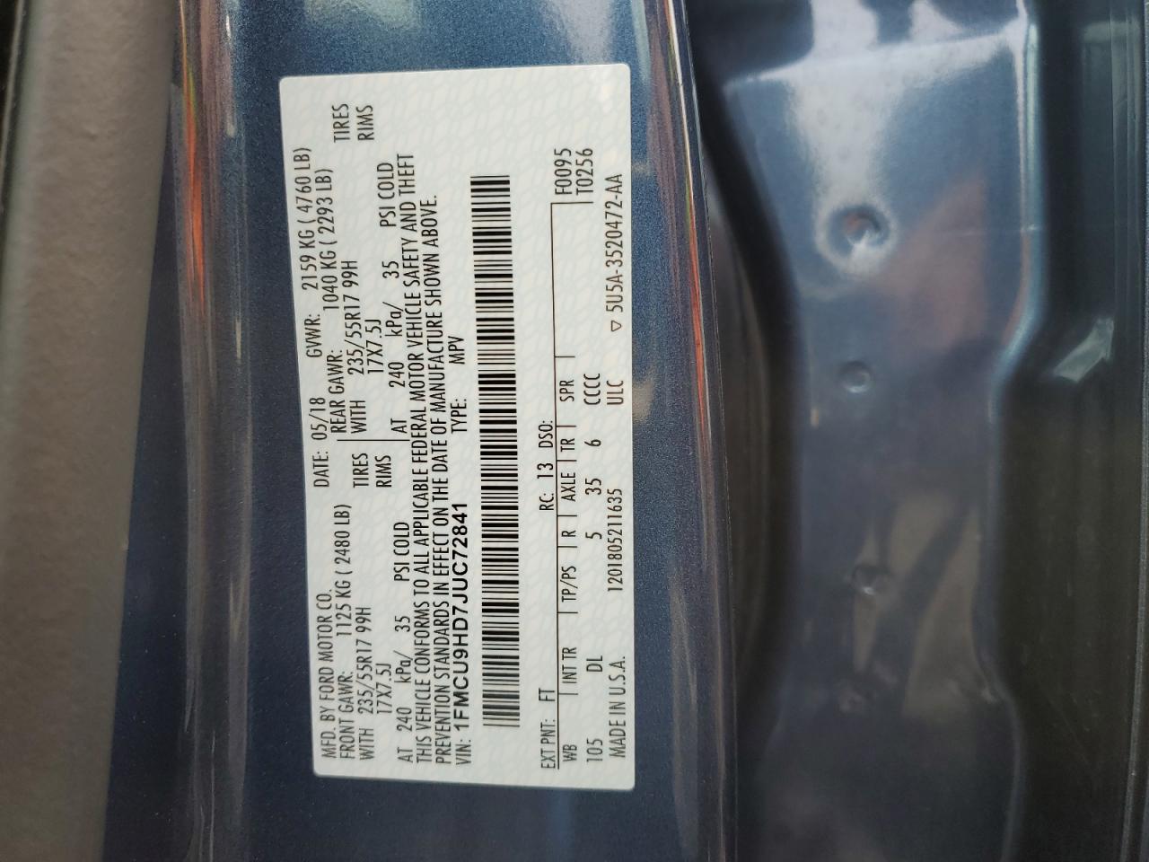 2018 Ford Escape Sel VIN: 1FMCU9HD7JUC72841 Lot: 67996844