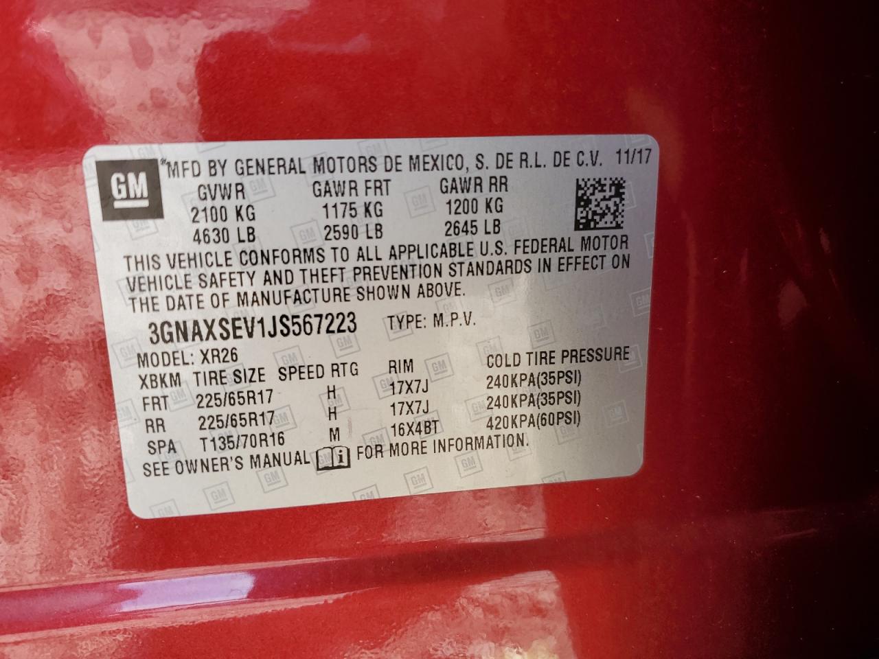 3GNAXSEV1JS567223 2018 Chevrolet Equinox Lt