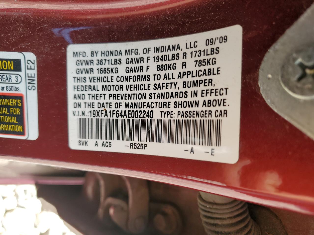 2010 Honda Civic Lx-S VIN: 19XFA1F64AE002240 Lot: 68074544