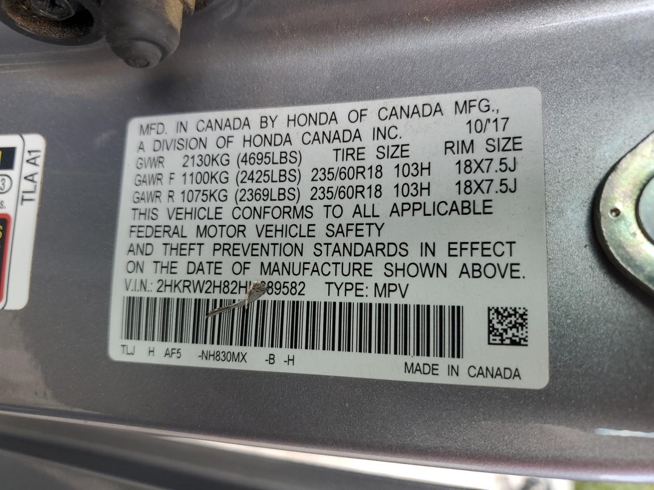 2017 Honda Cr-V Exl VIN: 2HKRW2H82HH689582 Lot: 67956854