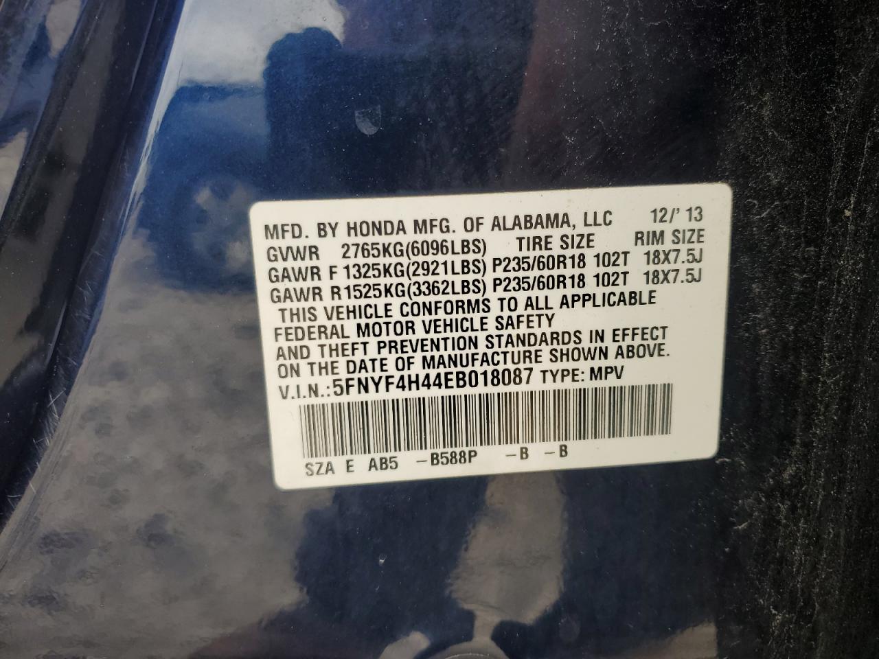 2014 Honda Pilot Ex VIN: 5FNYF4H44EB018087 Lot: 68264884