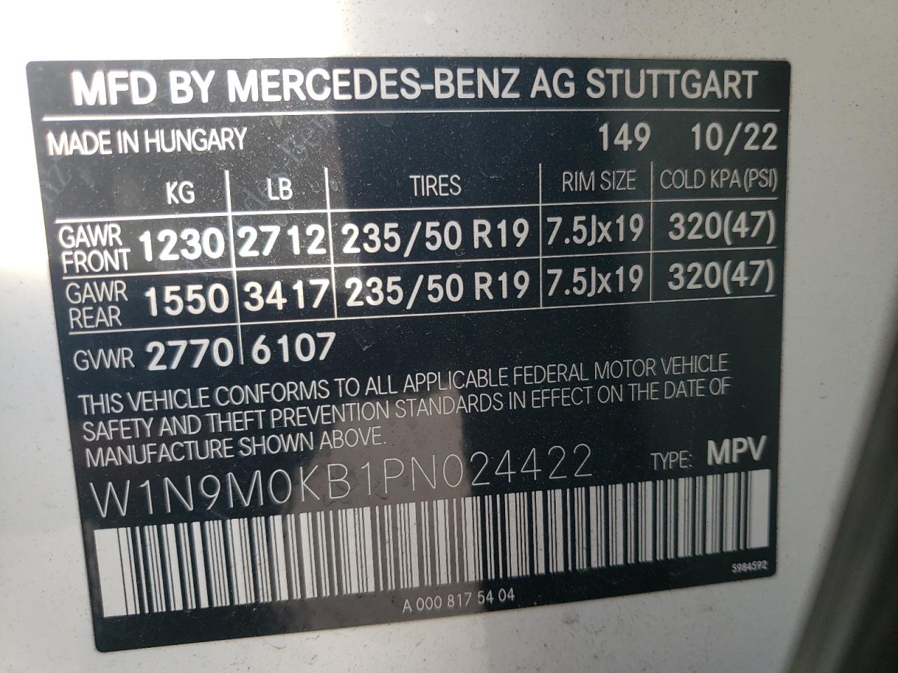 W1N9M0KB1PN024422 2023 Mercedes-Benz Eqb 300 4Matic