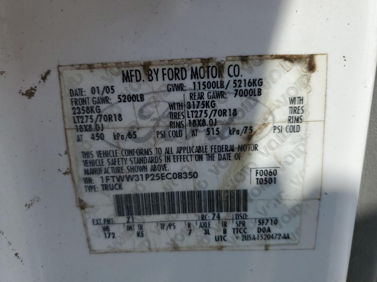 2005 Ford F350 Srw Super Duty VIN: 1FTWW31P25EC08350 Lot: 65851504