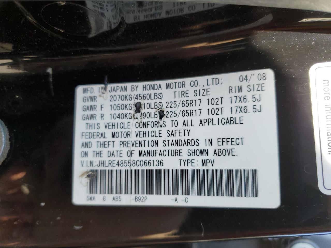 2008 Honda Cr-V Ex VIN: JHLRE48558C066136 Lot: 69527434