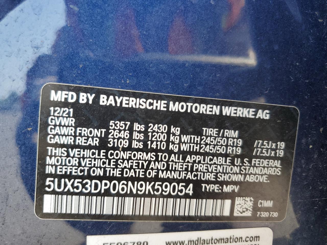 5UX53DP06N9K59054 2022 BMW X3 xDrive30I