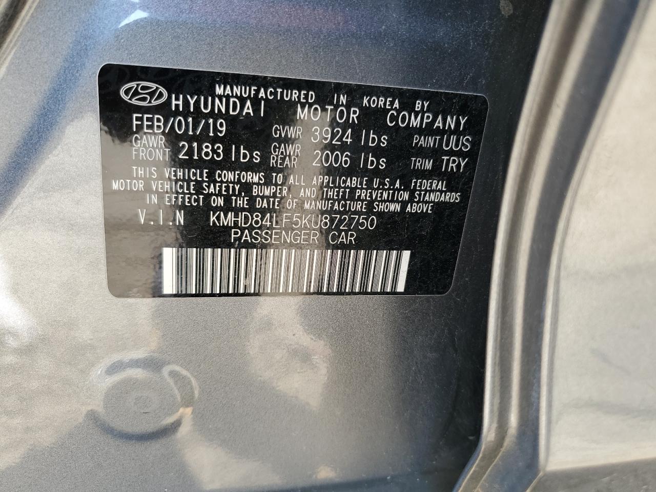 KMHD84LF5KU872750 2019 Hyundai Elantra Sel