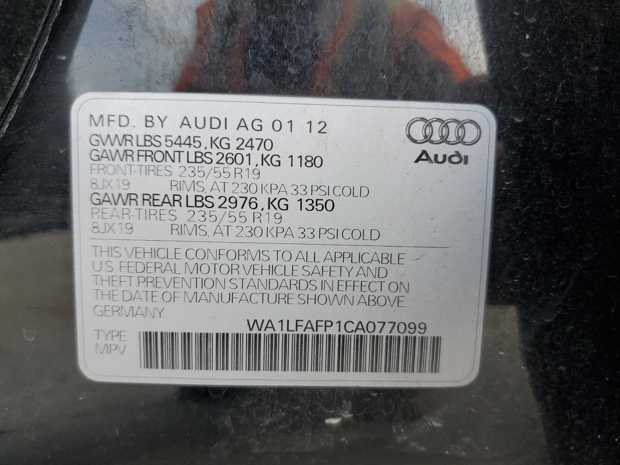 2012 Audi Q5 Premium Plus VIN: WA1LFAFP1CA077099 Lot: 68754104