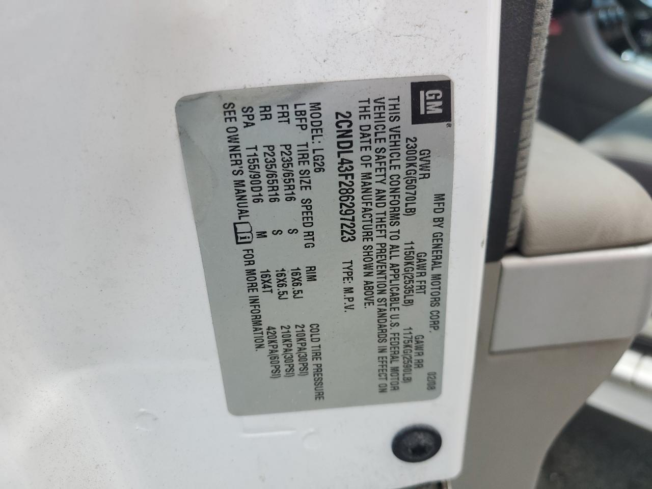 2CNDL43F286297223 2008 Chevrolet Equinox Lt