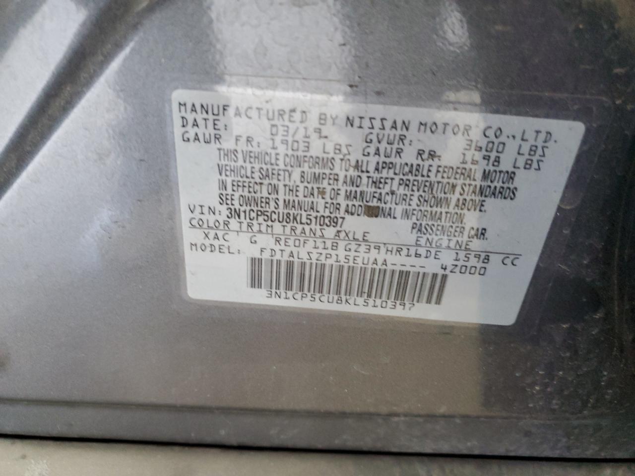 2019 Nissan Kicks S VIN: 3N1CP5CU8KL510397 Lot: 67514634