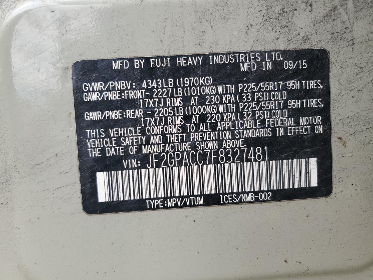 2015 Subaru Xv Crosstrek 2.0 Premium VIN: JF2GPACC7F8327481 Lot: 67871644