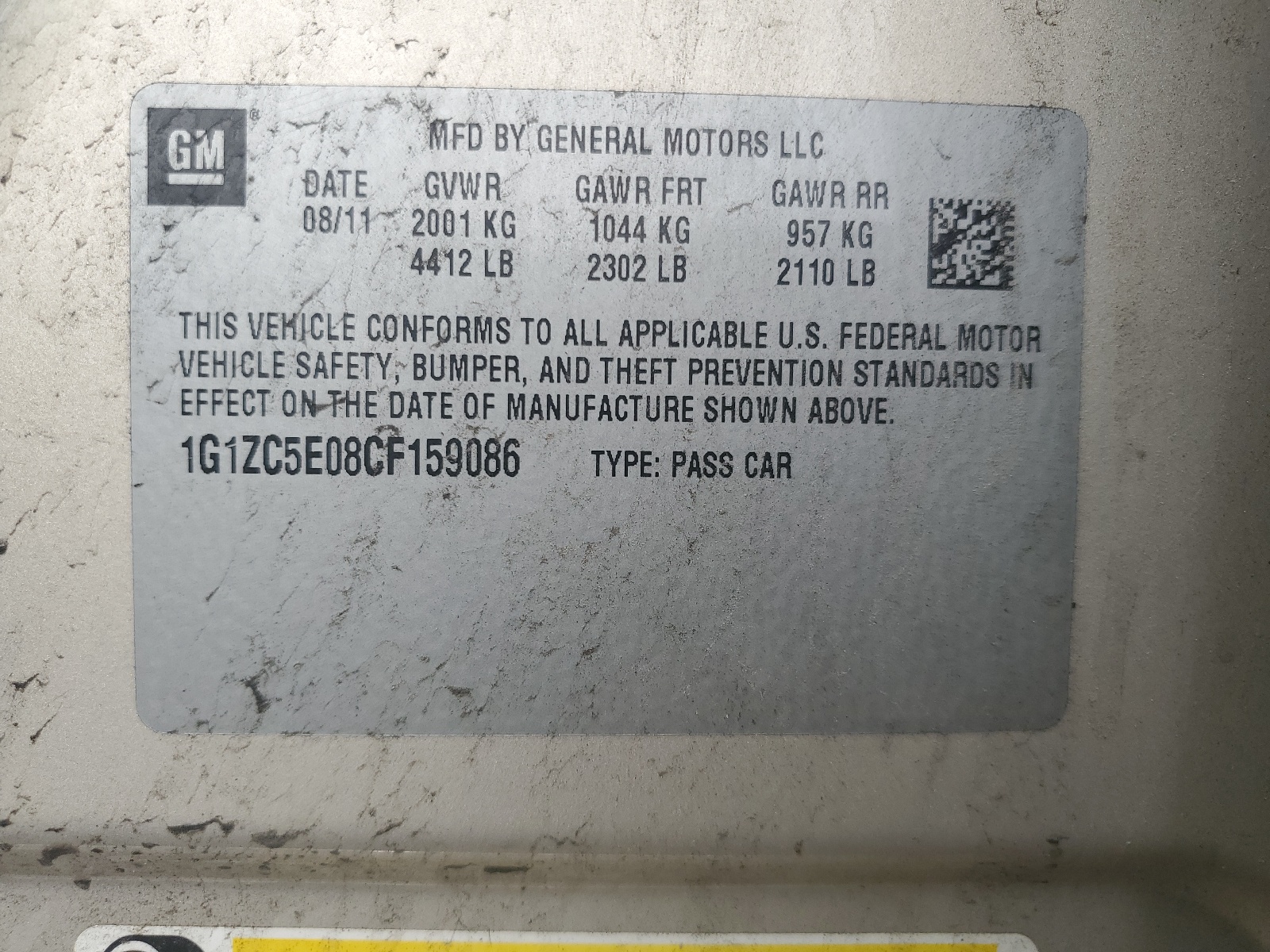 2012 Chevrolet Malibu 1Lt vin: 1G1ZC5E08CF159086