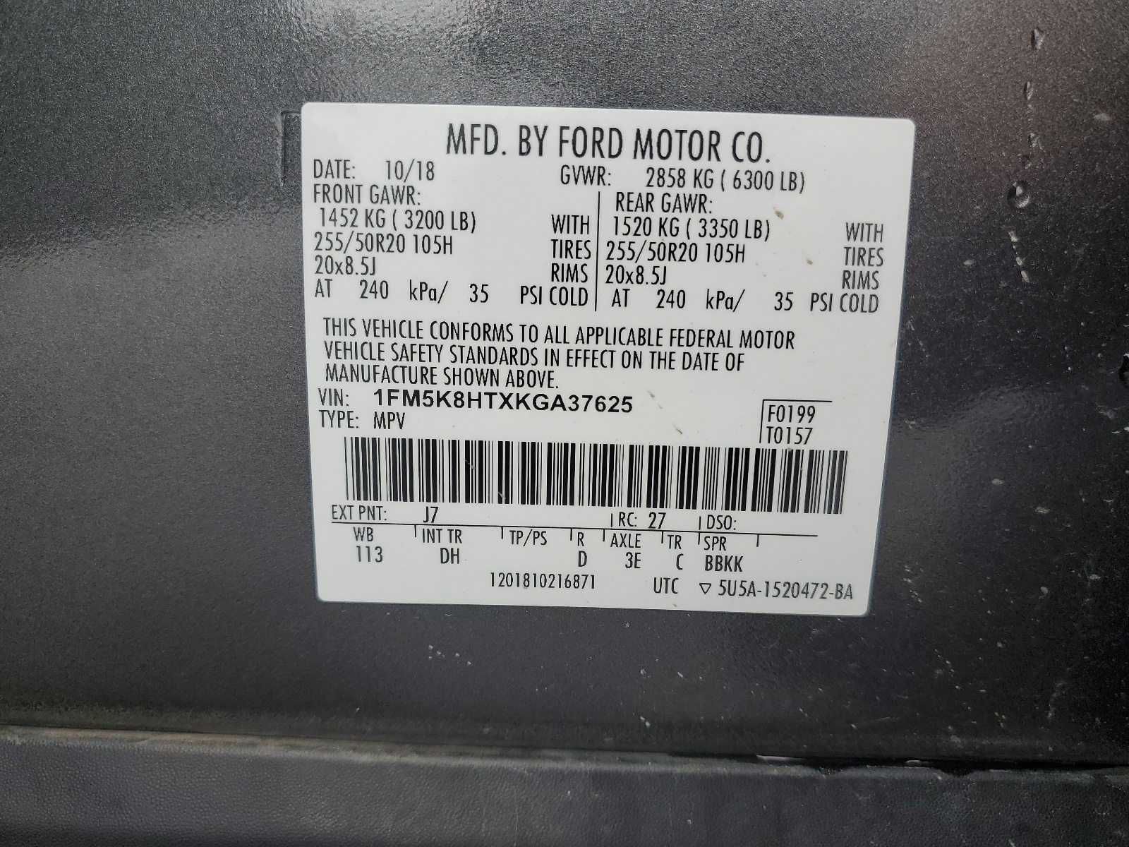 1FM5K8HTXKGA37625 2019 Ford Explorer Platinum