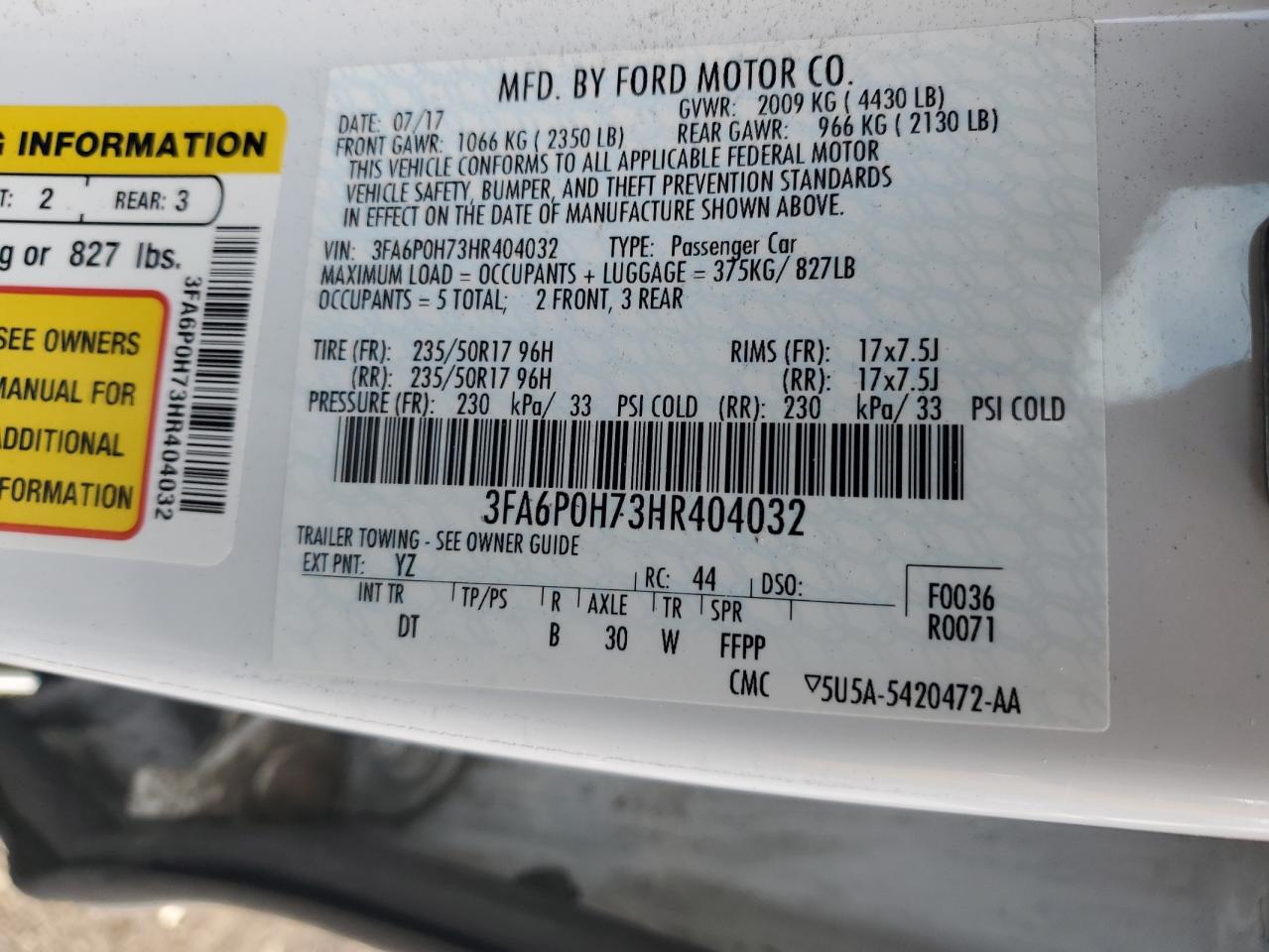 2017 Ford Fusion Se VIN: 3FA6P0H73HR404032 Lot: 62519634