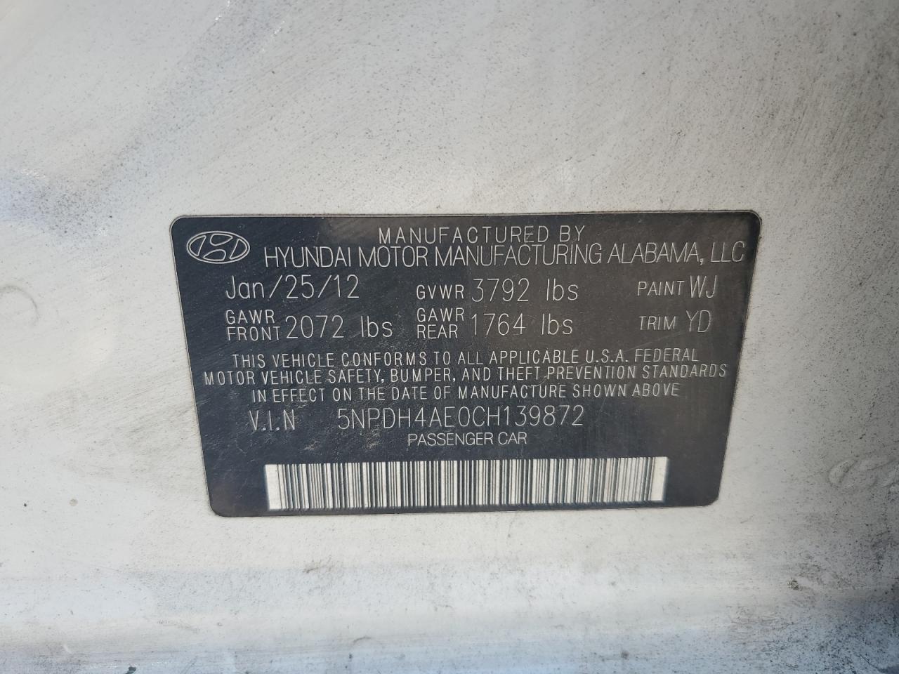 2012 Hyundai Elantra Gls VIN: 5NPDH4AE0CH139872 Lot: 68754414