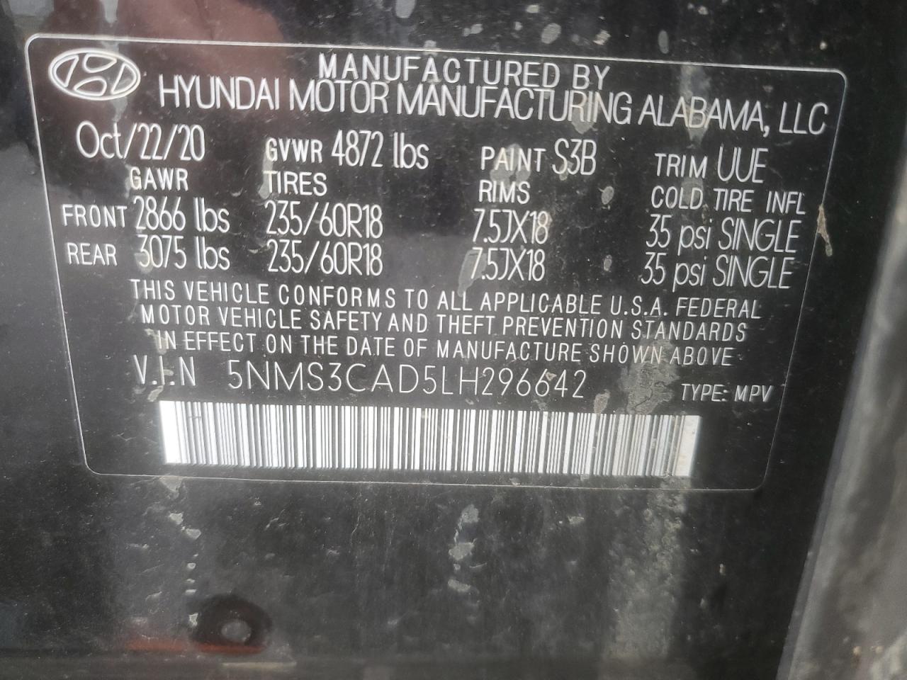 5NMS3CAD5LH296642 2020 Hyundai Santa Fe Sel