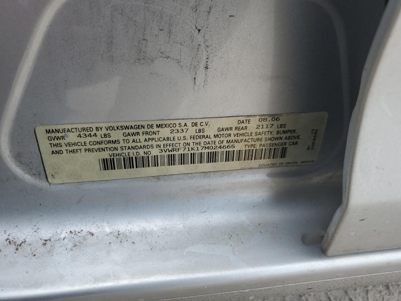 2007 Volkswagen Jetta 2.5 Option Package 1 VIN: 3VWRF71K17M024665 Lot: 66178984