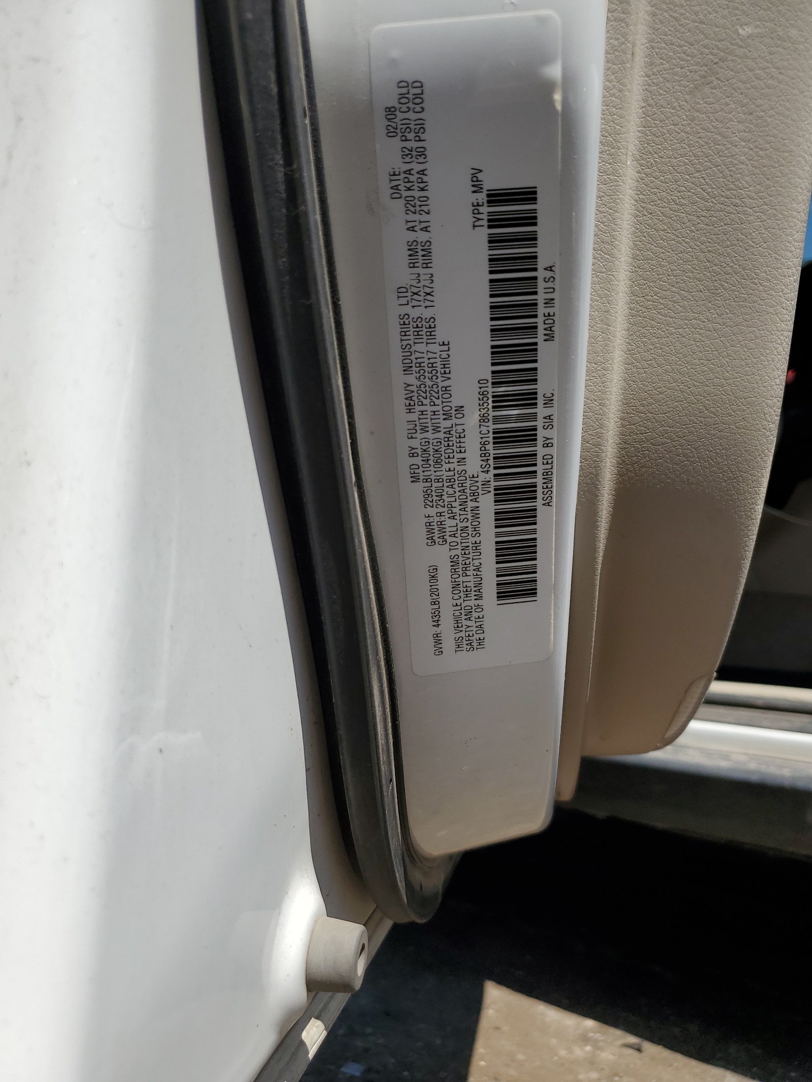 4S4BP61C786355610 2008 Subaru Outback 2.5I