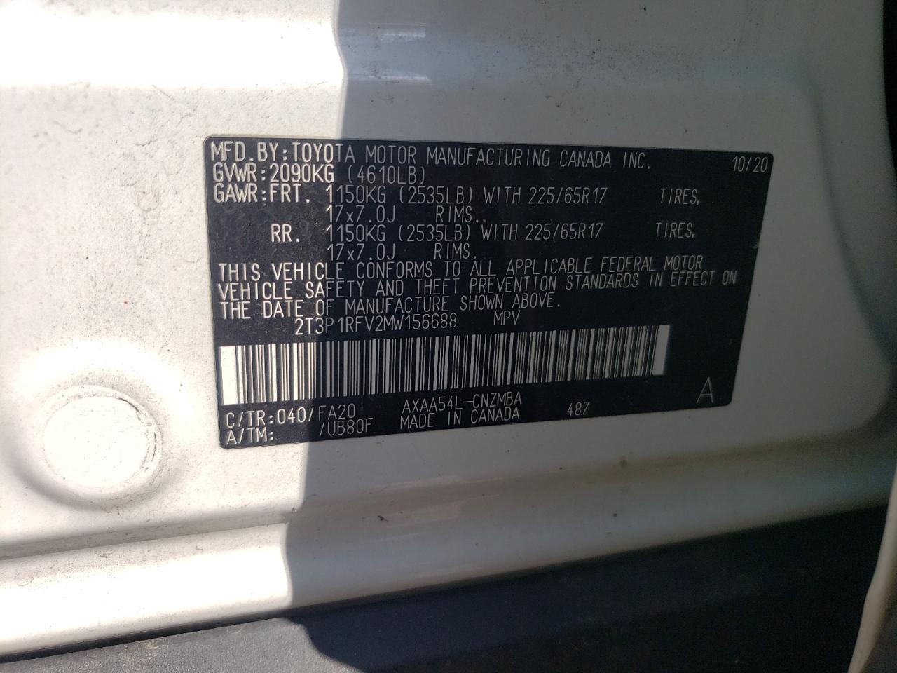 2T3P1RFV2MW156688 2021 Toyota Rav4 Xle