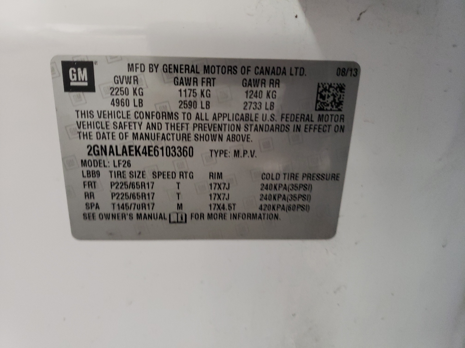 2GNALAEK4E6103360 2014 Chevrolet Equinox Ls