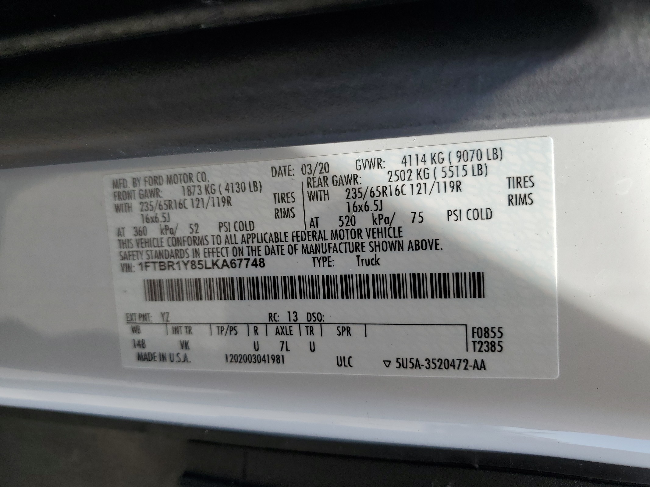 1FTBR1Y85LKA67748 2020 Ford Transit T-250