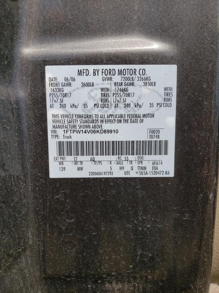 2006 Ford F150 Supercrew VIN: 1FTPW14V06KD89910 Lot: 64295484