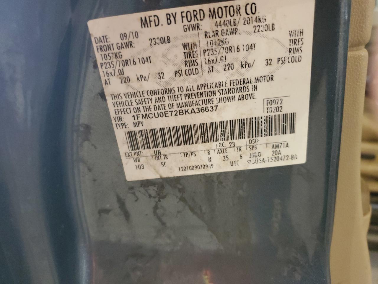 2011 Ford Escape Limited VIN: 1FMCU0E72BKA36637 Lot: 67327064