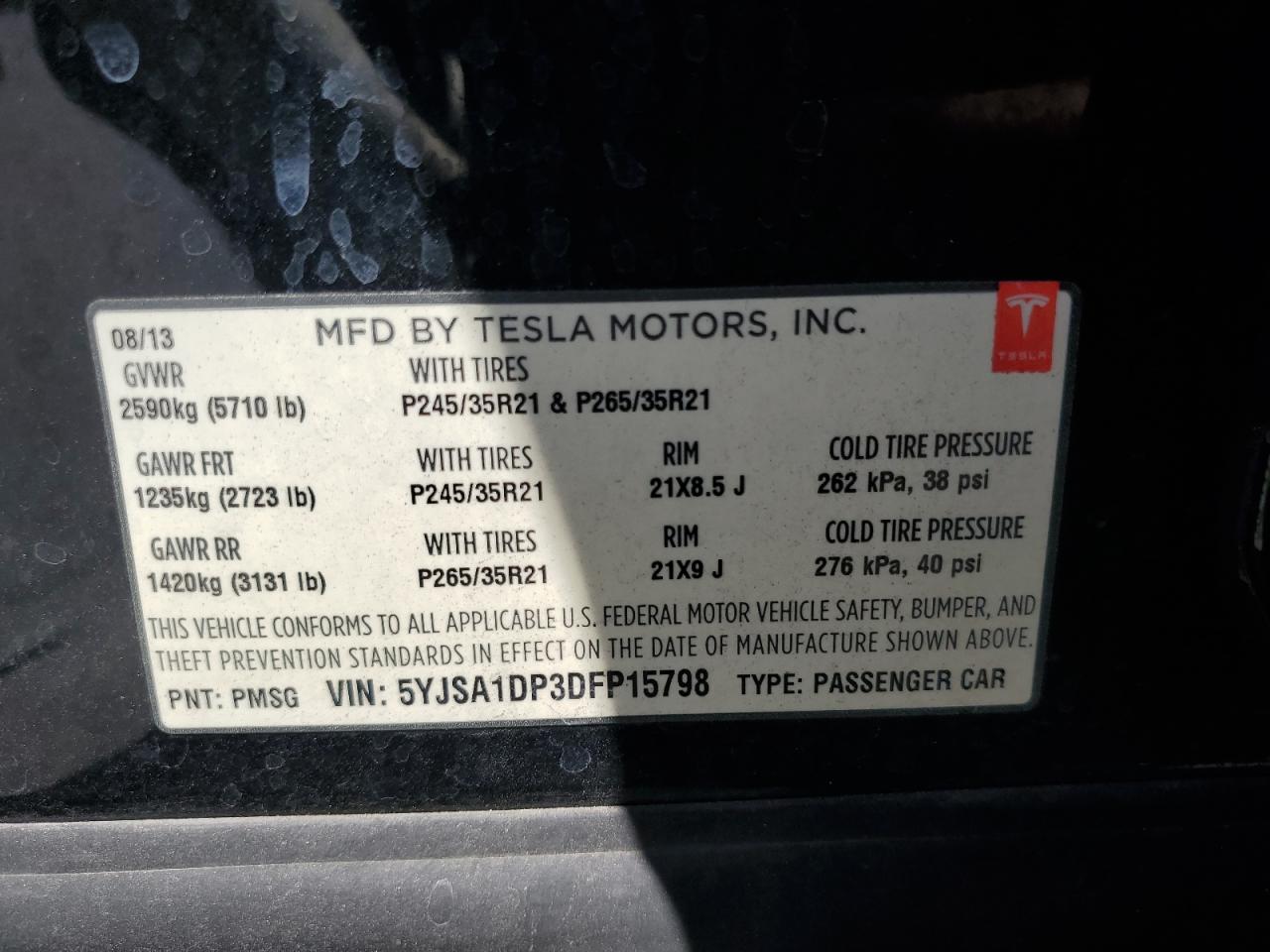 2013 Tesla Model S VIN: 5YJSA1DP3DFP15798 Lot: 68639894