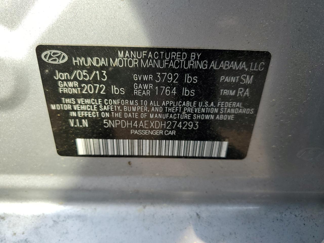 2013 Hyundai Elantra Gls VIN: 5NPDH4AEXDH274293 Lot: 65707634