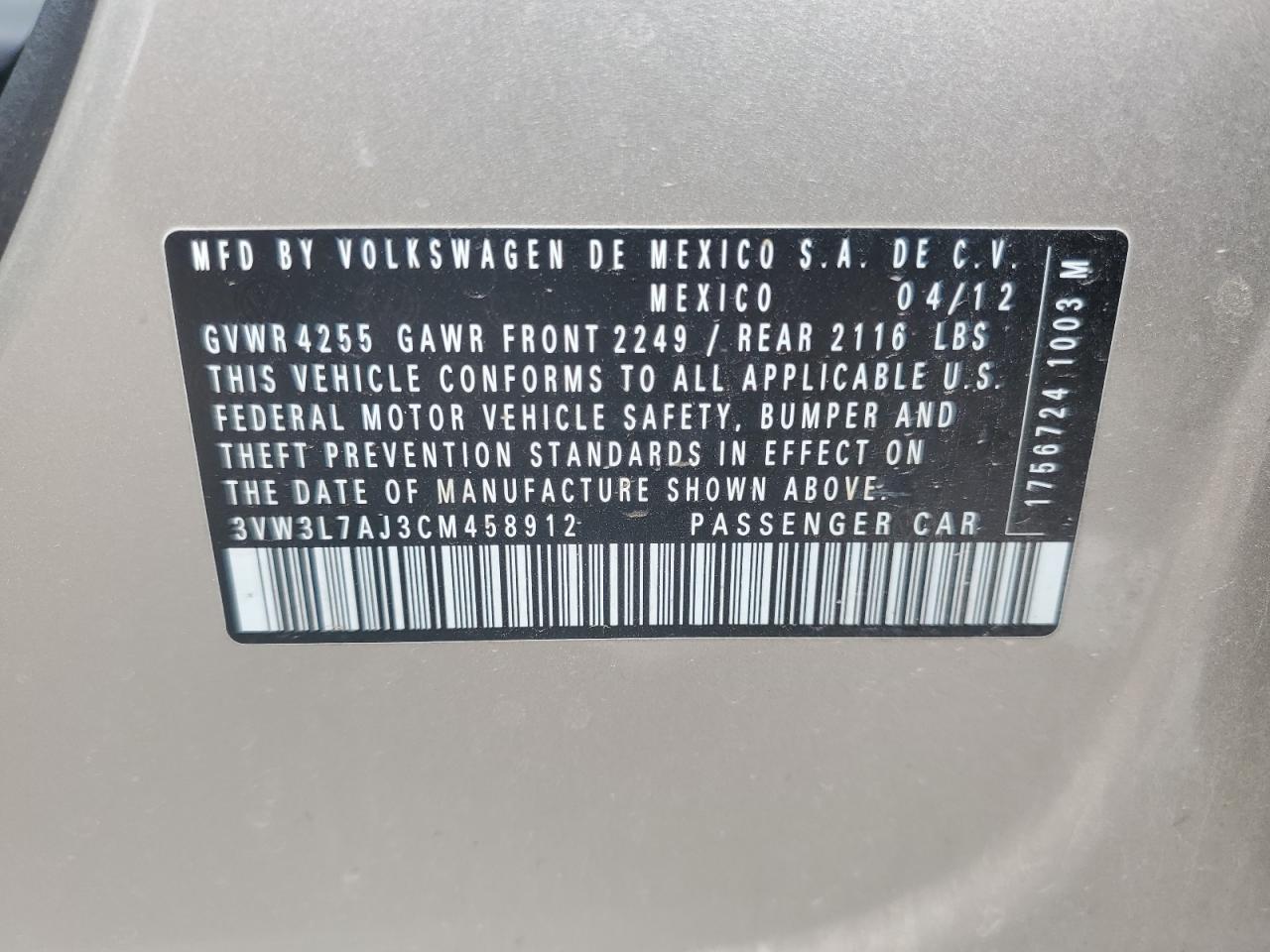 3VW3L7AJ3CM458912 2012 Volkswagen Jetta Tdi