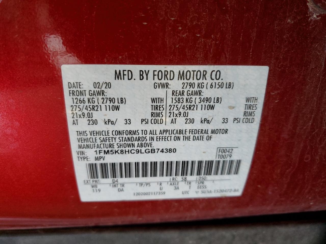 2020 Ford Explorer Platinum VIN: 1FM5K8HC9LGB74380 Lot: 68238754