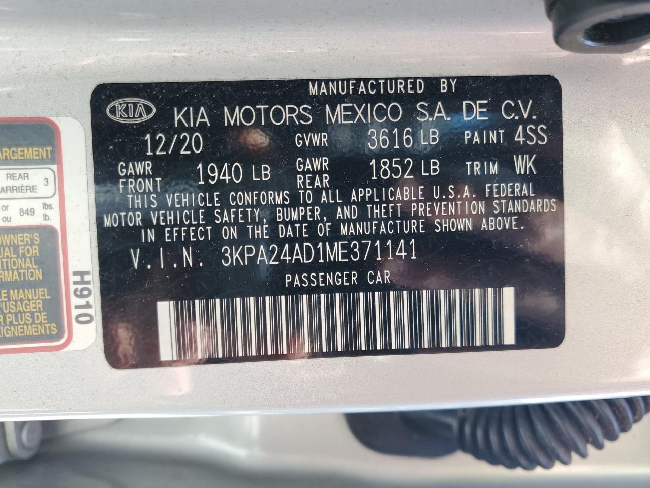 3KPA24AD1ME371141 2021 Kia Rio Lx