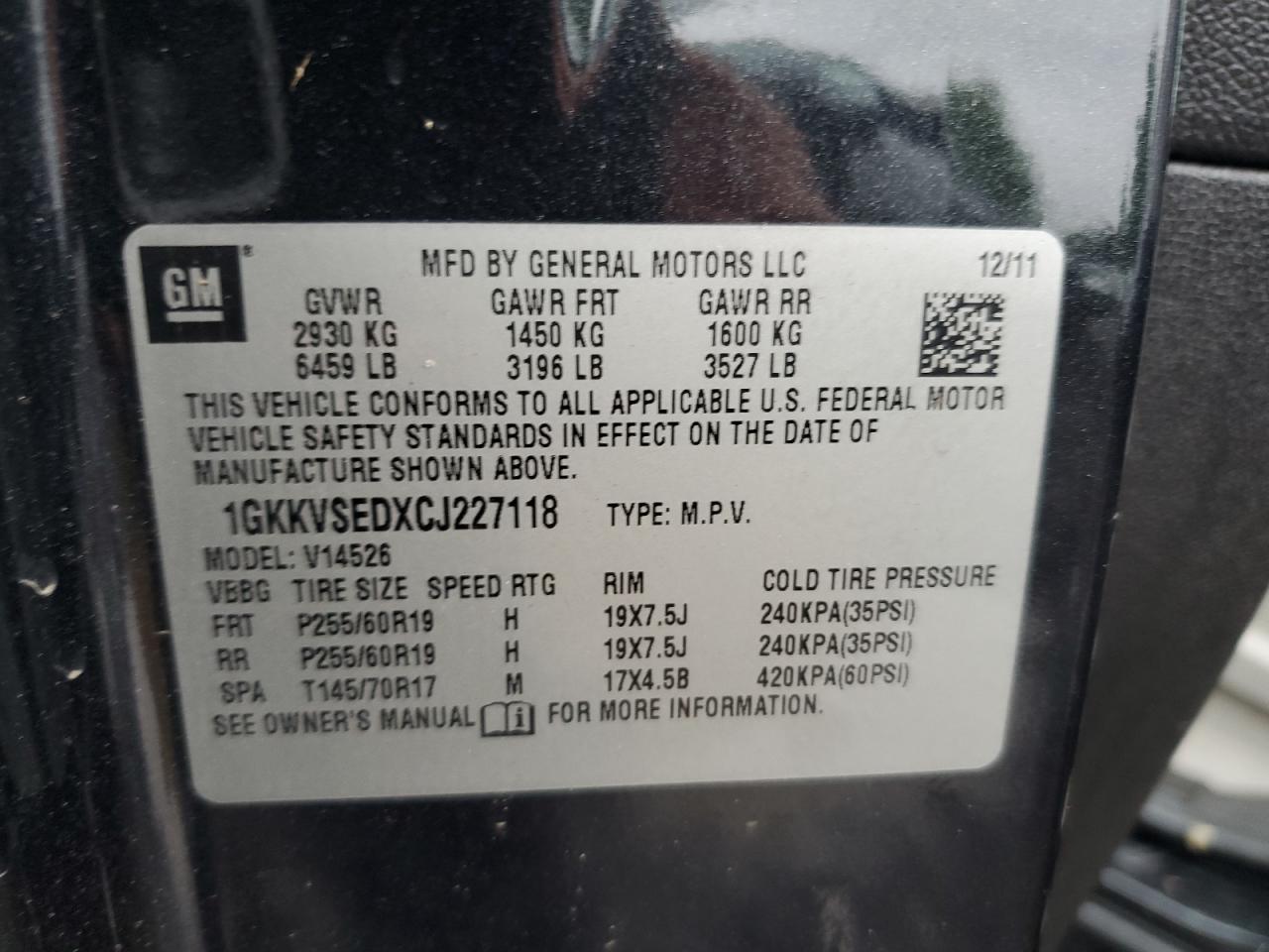 2012 GMC Acadia Slt-2 VIN: 1GKKVSEDXCJ227118 Lot: 66795124