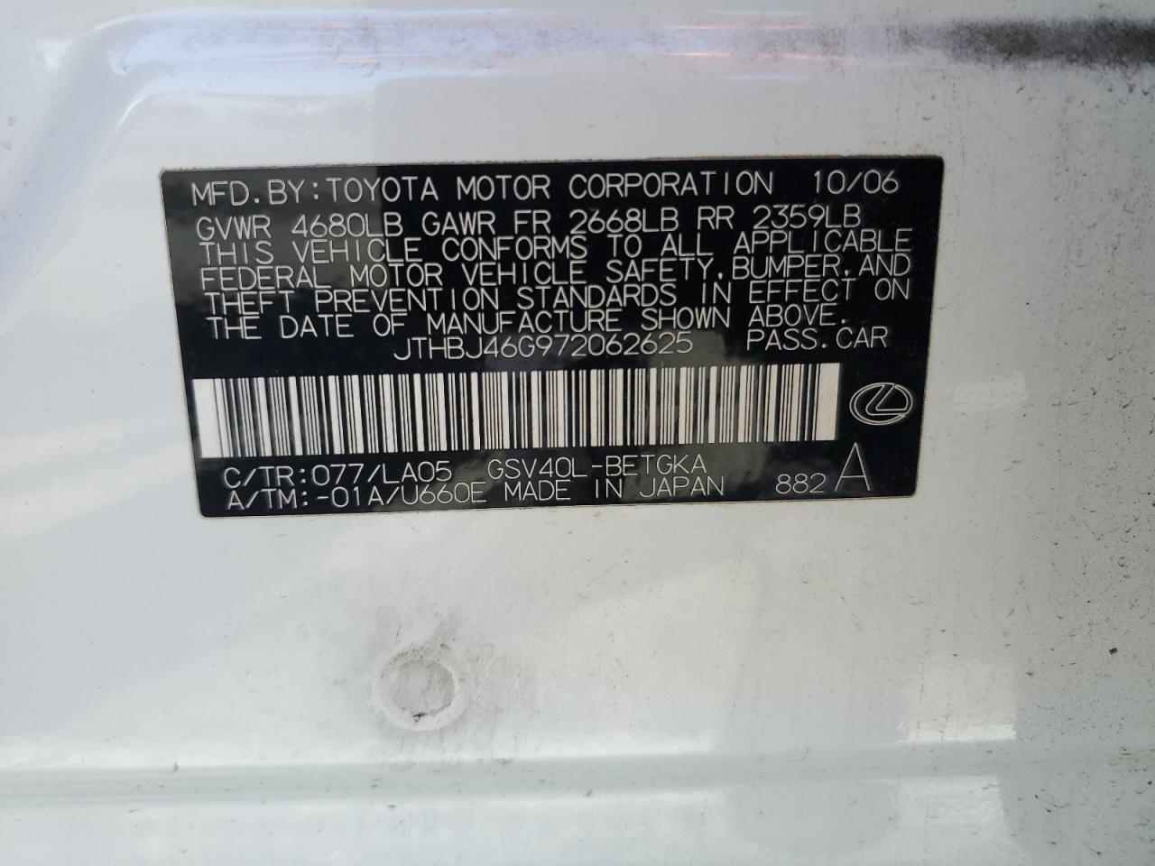 2007 Lexus Es 350 VIN: JTHBJ46G972062625 Lot: 67777004