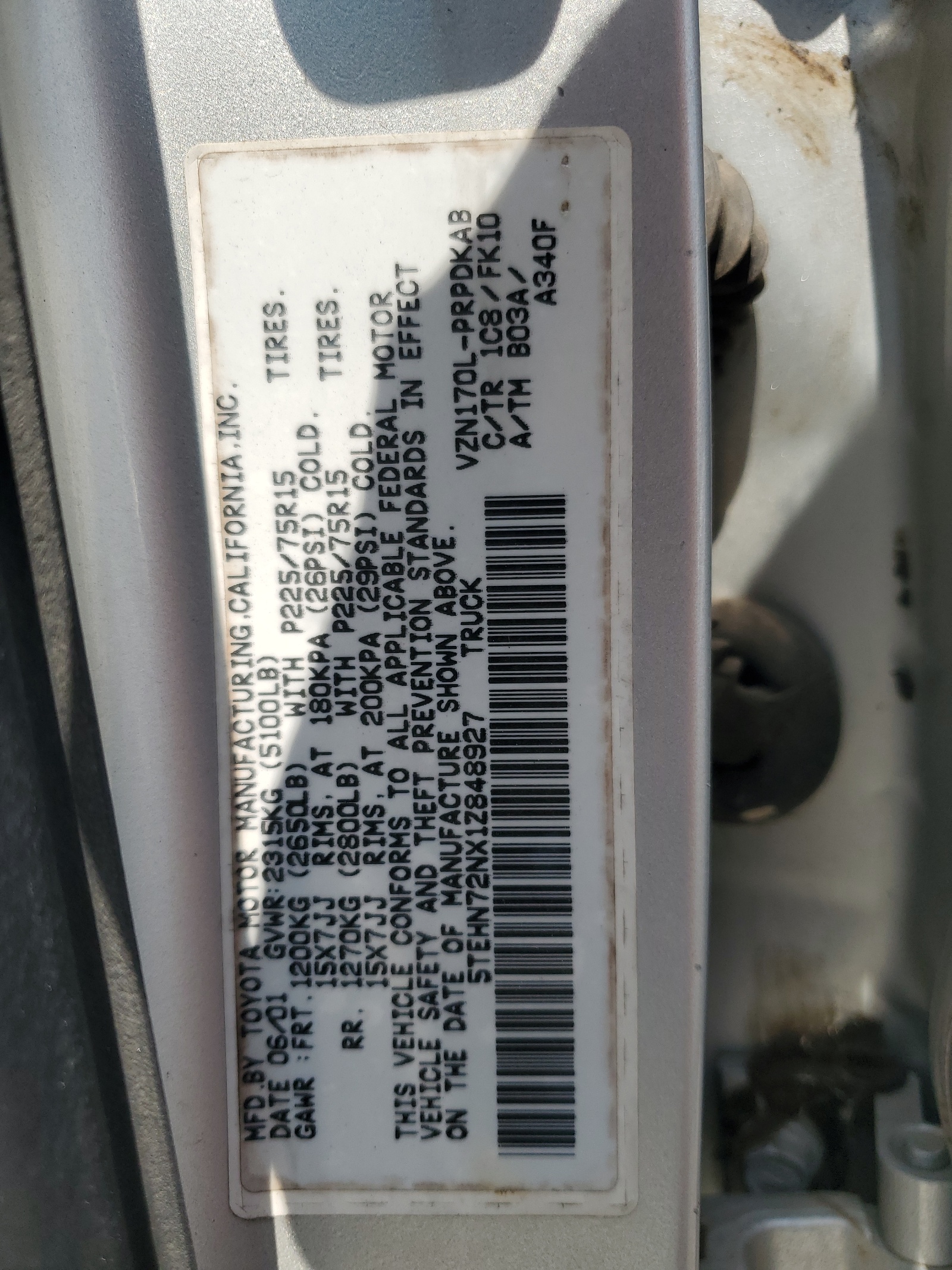 5TEHN72NX1Z848927 2001 Toyota Tacoma Double Cab