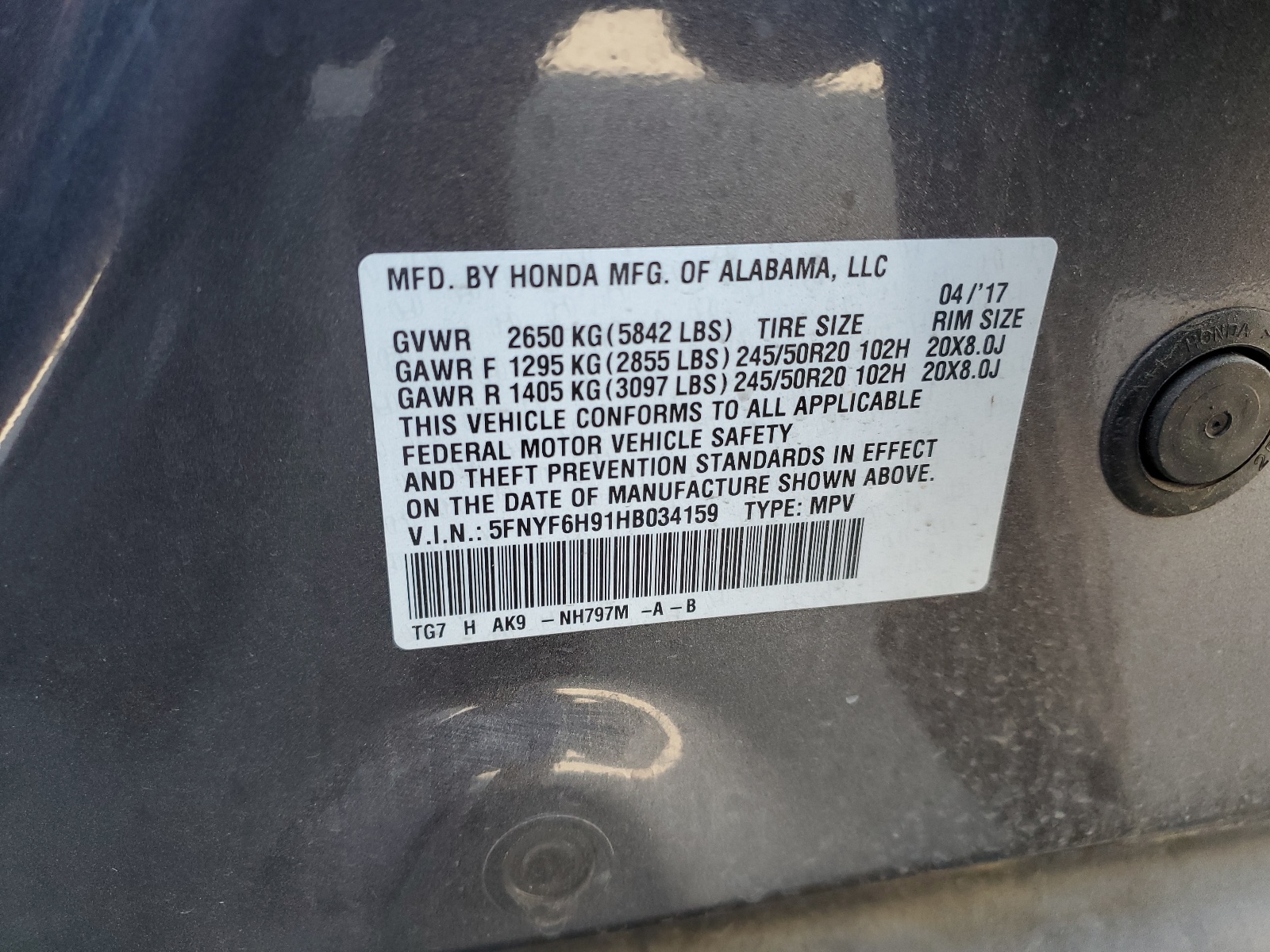 5FNYF6H91HB034159 2017 Honda Pilot Touring