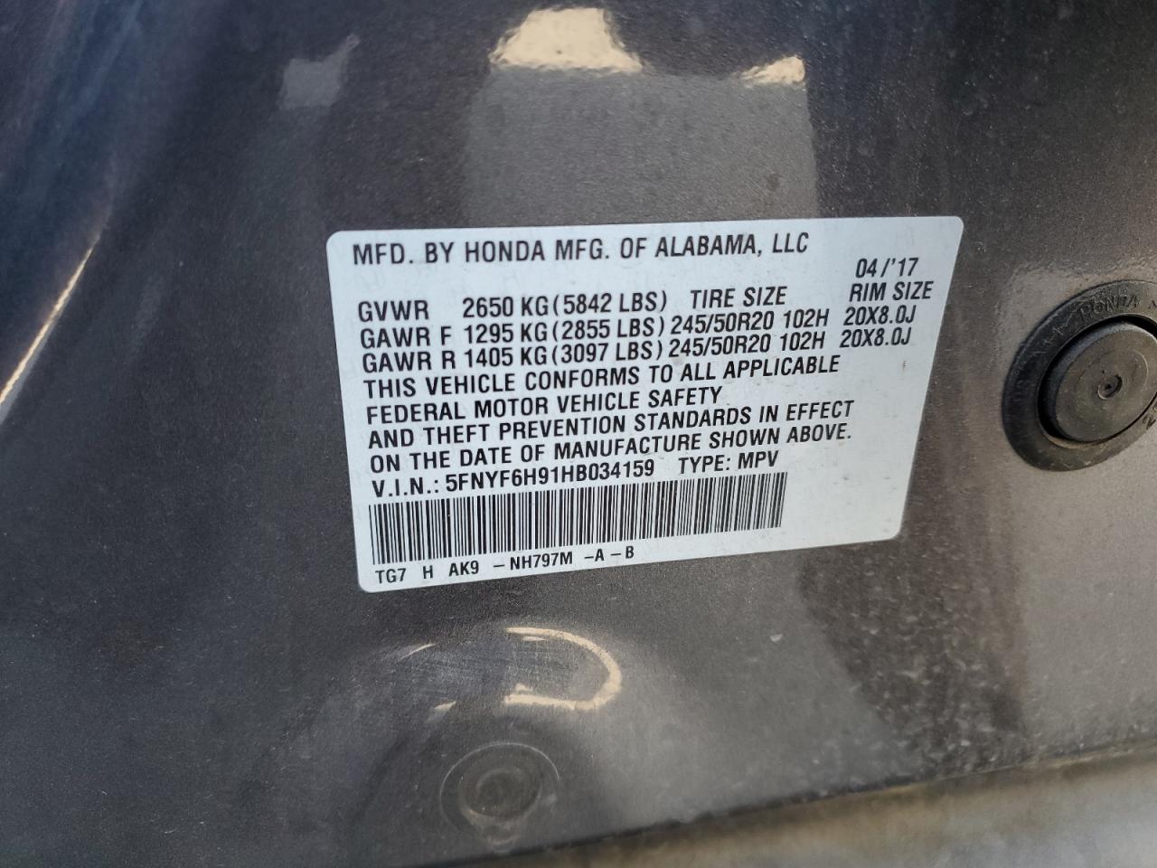 2017 Honda Pilot Touring VIN: 5FNYF6H91HB034159 Lot: 66537684