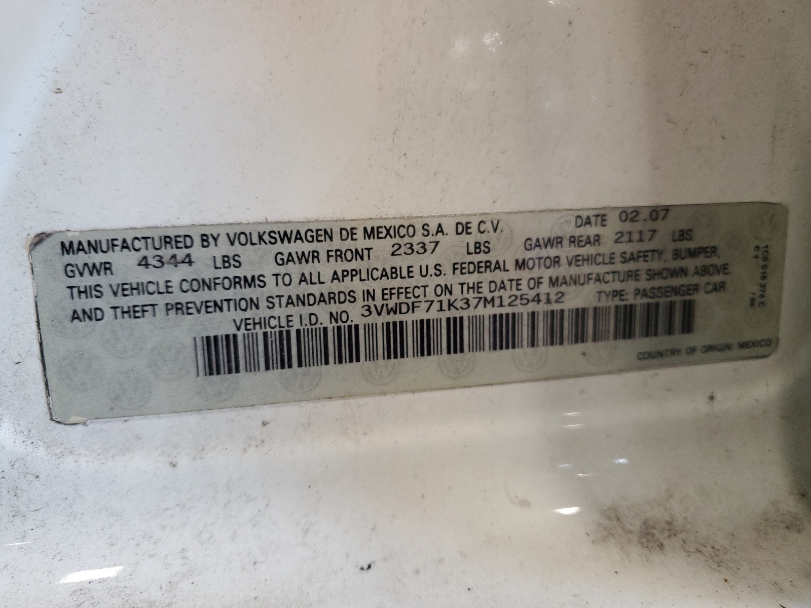 3VWDF71K37M125412 2007 Volkswagen Jetta 2.5 Option Package 2