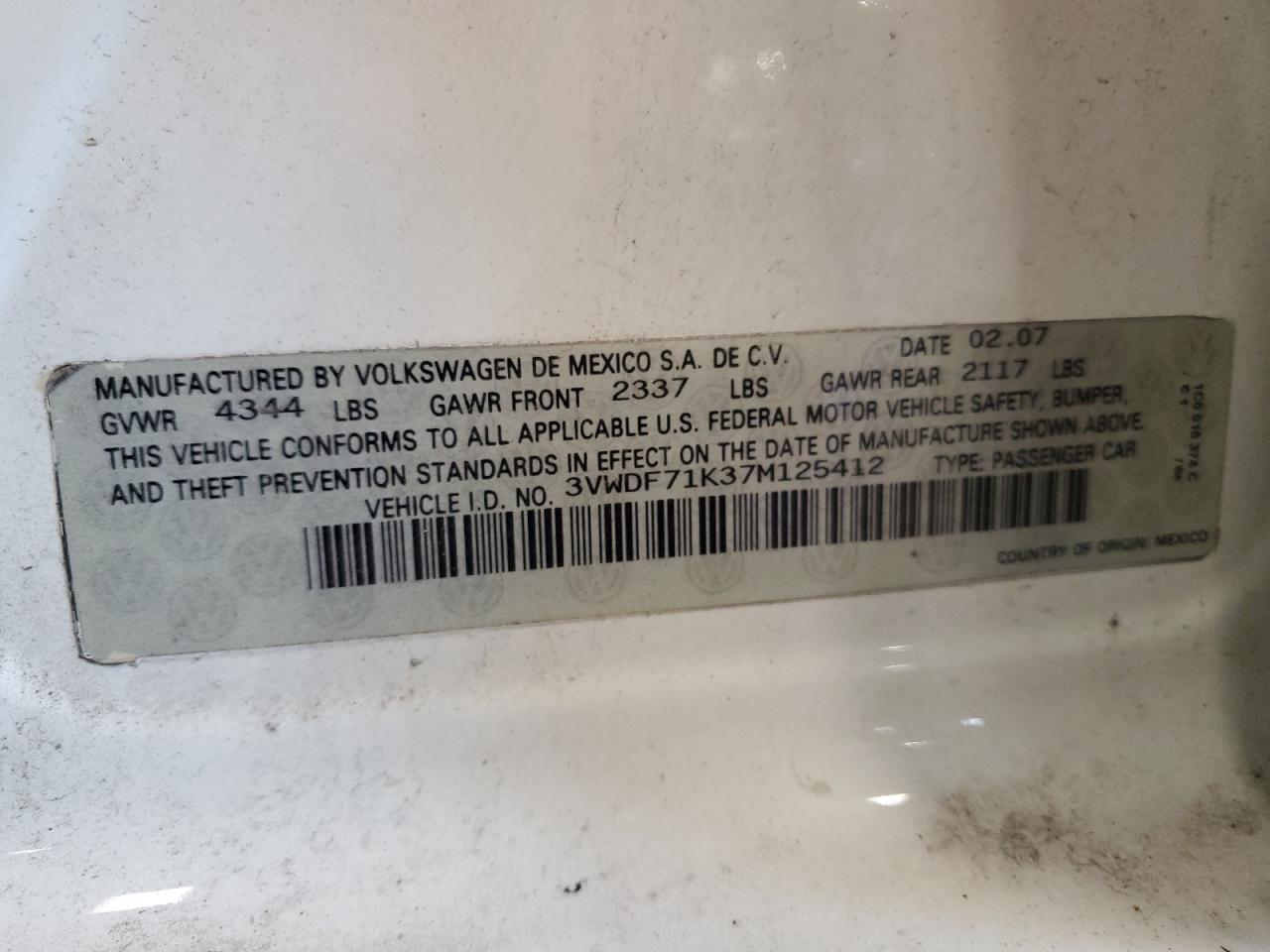 2007 Volkswagen Jetta 2.5 Option Package 2 VIN: 3VWDF71K37M125412 Lot: 66728774