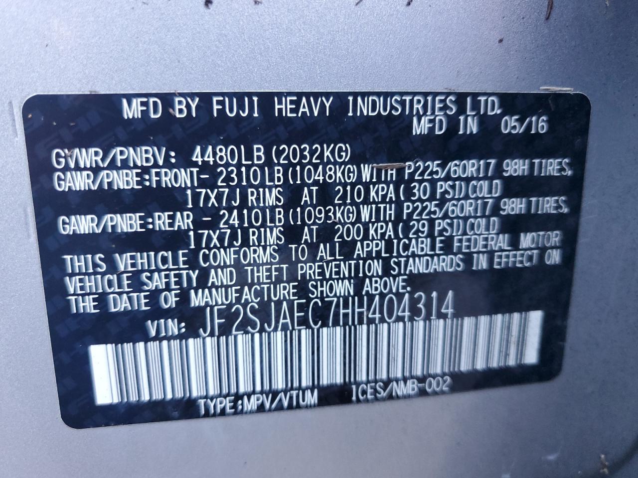 2017 Subaru Forester 2.5I Premium VIN: JF2SJAEC7HH404314 Lot: 67140494